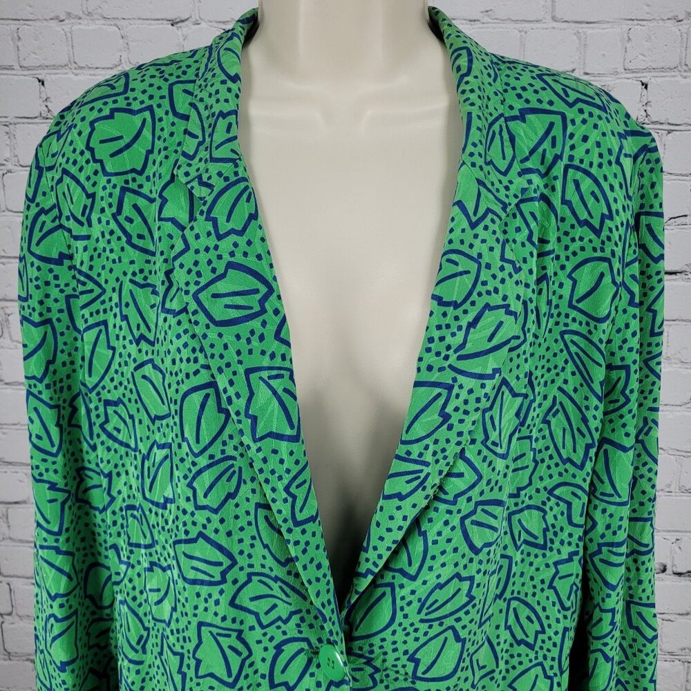 VTG Liz Claiborne Green 100% Silk Leaf Print Unlined Lightweight Jacket Size MP - Picture 7 of 13